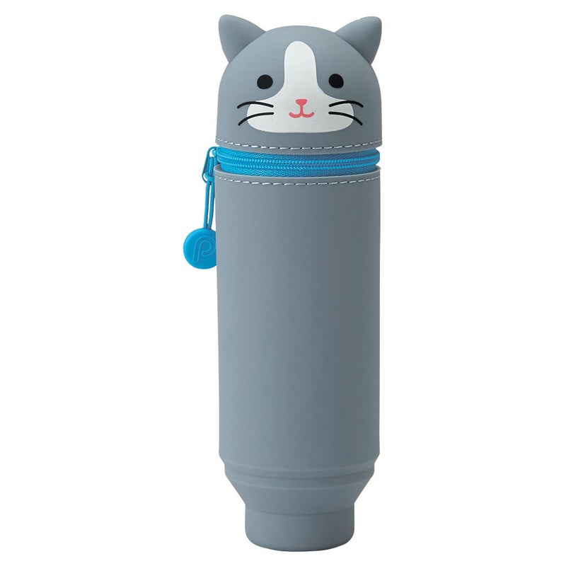LIHIT LAB Kawaii Japanese Gray Cat Stand Up Pencil Case For School Office College, Cute School Supplies, Animal Pen Holder Pouch Holder Teen Girls Artists, Travel Cosmetics Storage (A7712-4) - Image 1